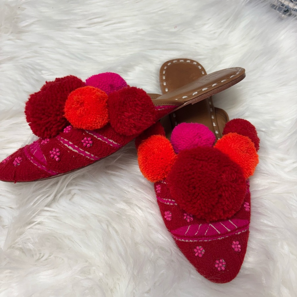 | Anthropologie Figue | Pom Pom Ethnic Beaded Embroidered Flat mules. Size 9. - Picture 2 of 4
